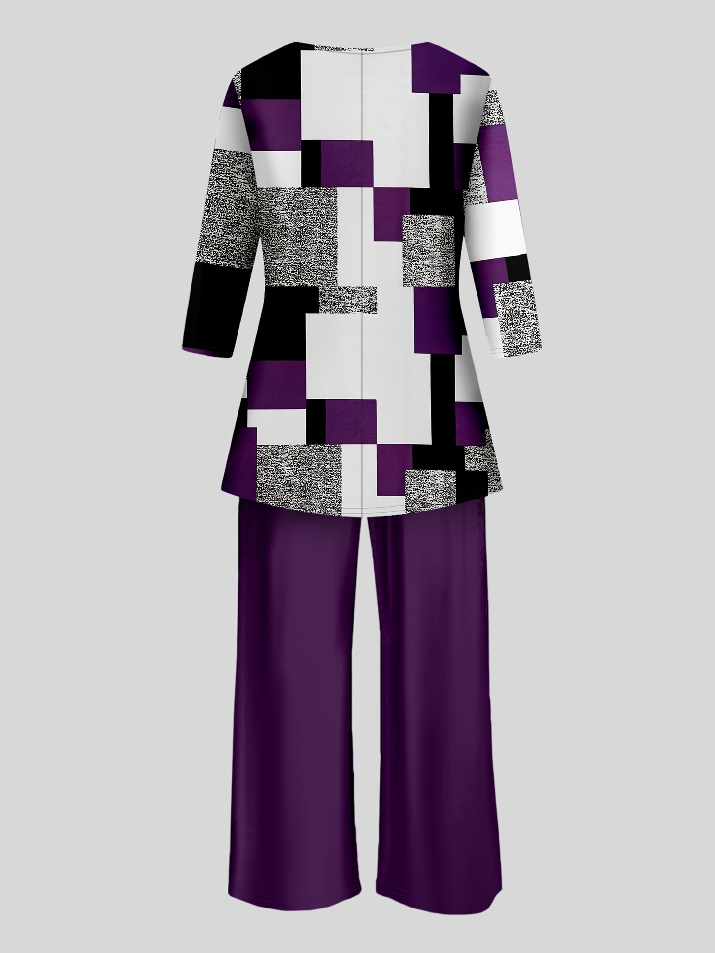 Geometric print top with long sleeves paired with solid color pants set for plus-size women.