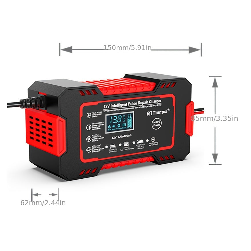 Car Battery Charger for 12V 2-100Ah batteries with desulfation and temperature compensation, designed to maintain car batteries.