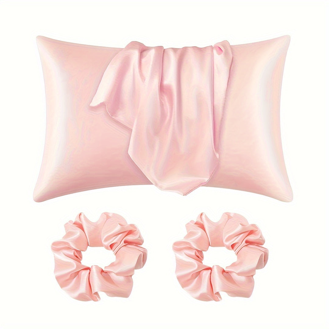 3-Piece Bed & Bathroom Set: 1 Pillowcase (pillow not included) + 2 Scrunchies - Made of Luxurious Satin with a Contemporary and Simplistic Design for Home, Hotel, or Bedroom - Comes with a Set of 2 Scrunchies