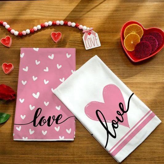 Valentine's Day themed gift towels, featuring a pink beloved logo, perfect for kitchen use and drying off, each set includes 2 towels measuring 18 by 66.04 cm.