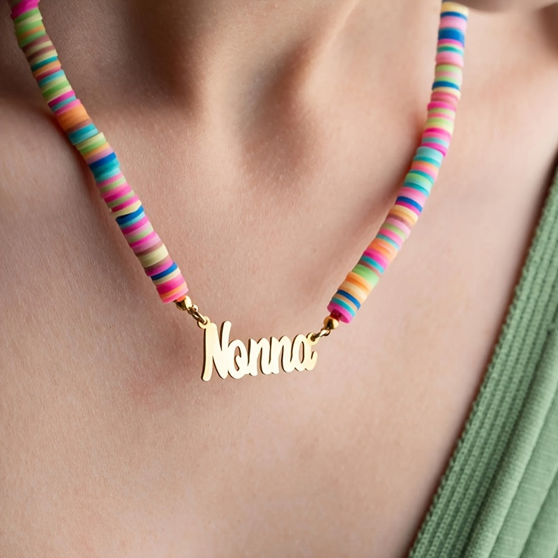 Customized Rainbow Name Necklace plated in 18K gold, featuring polymer clay beads. This accessory is both elegant and adorable, perfect for wearing all year round at any occasion. A great gift idea for Christmas and New Year's.