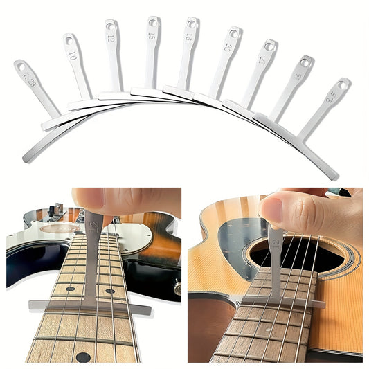 Set of 9 guitar fingerboard radius measuring rulers for guitar, bass, and ukulele repair and adjustment. Rulers include various radius sizes.