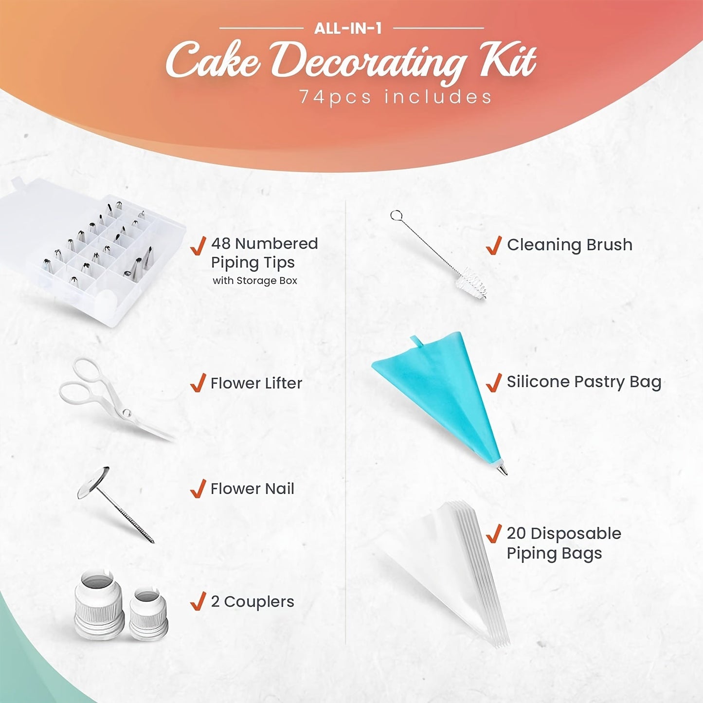 This cake decoration set includes 74 out of 100 pieces, featuring a variety of baking tools such as 48 stainless steel decorative tips, 50 thickening disposable decorative bags, cake scraper, spatula, recycling decorative bags, decorative scissors