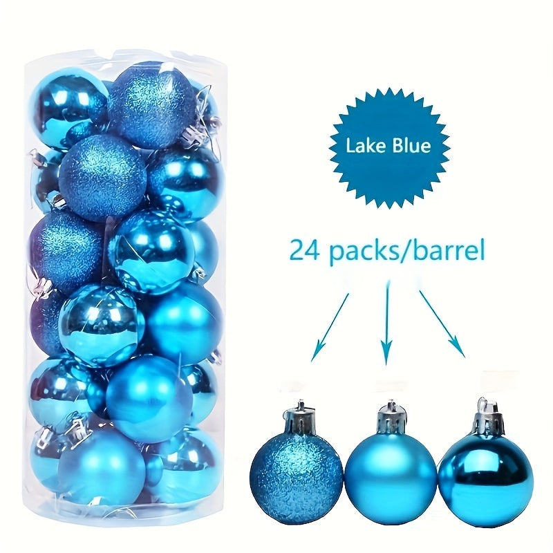 24 shatterproof Christmas tree ornaments in various sizes for festive decorations.