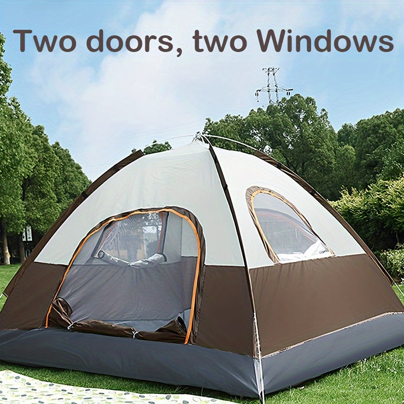 Portable camping tent with sun protection, dual doors, and windows for ventilation, made of durable polyester fabric for family outdoor adventures.