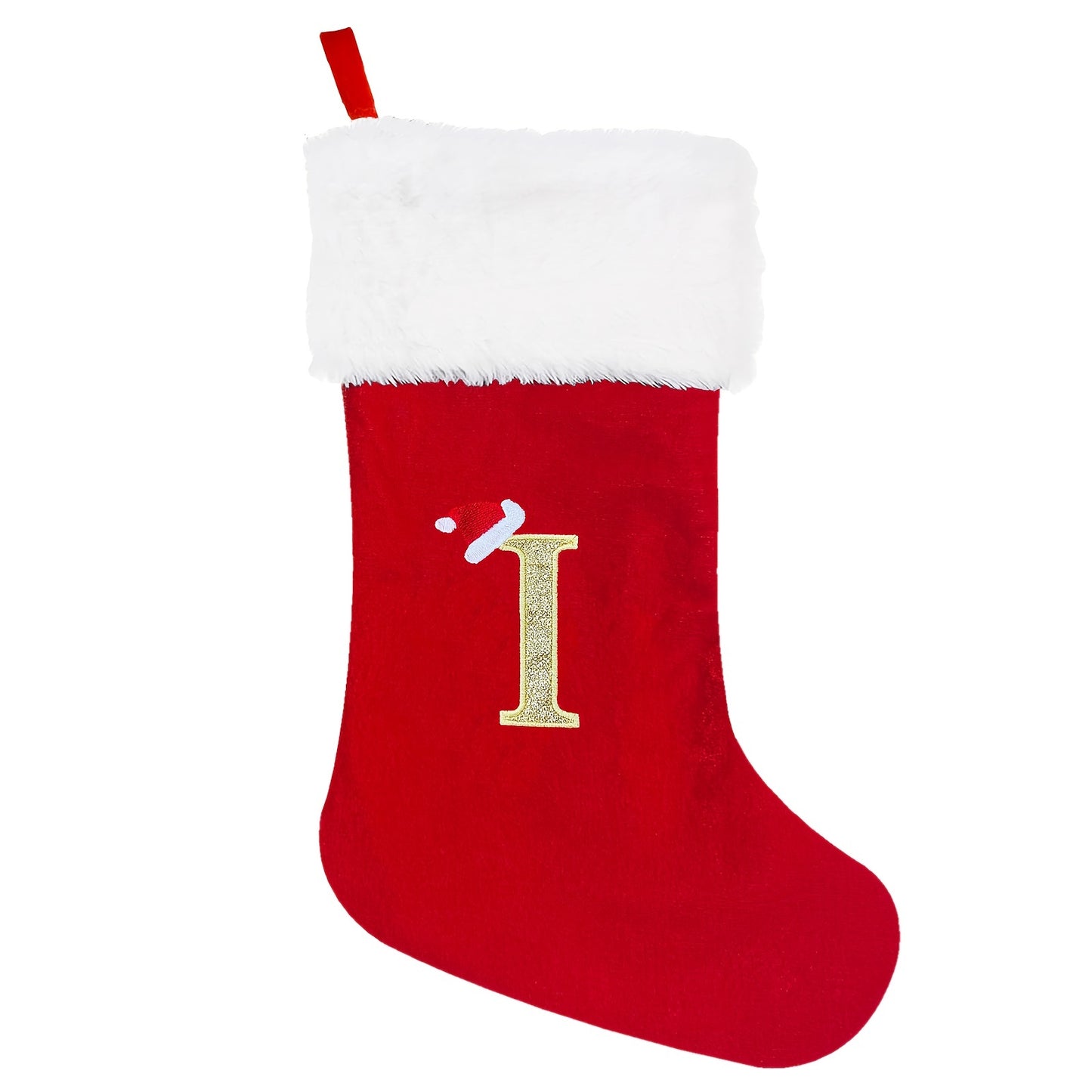 1 red velvet Christmas stocking with white plush cuffs, embroidered initial, 53.34 cm. Perfect for holiday parties and home decorations.