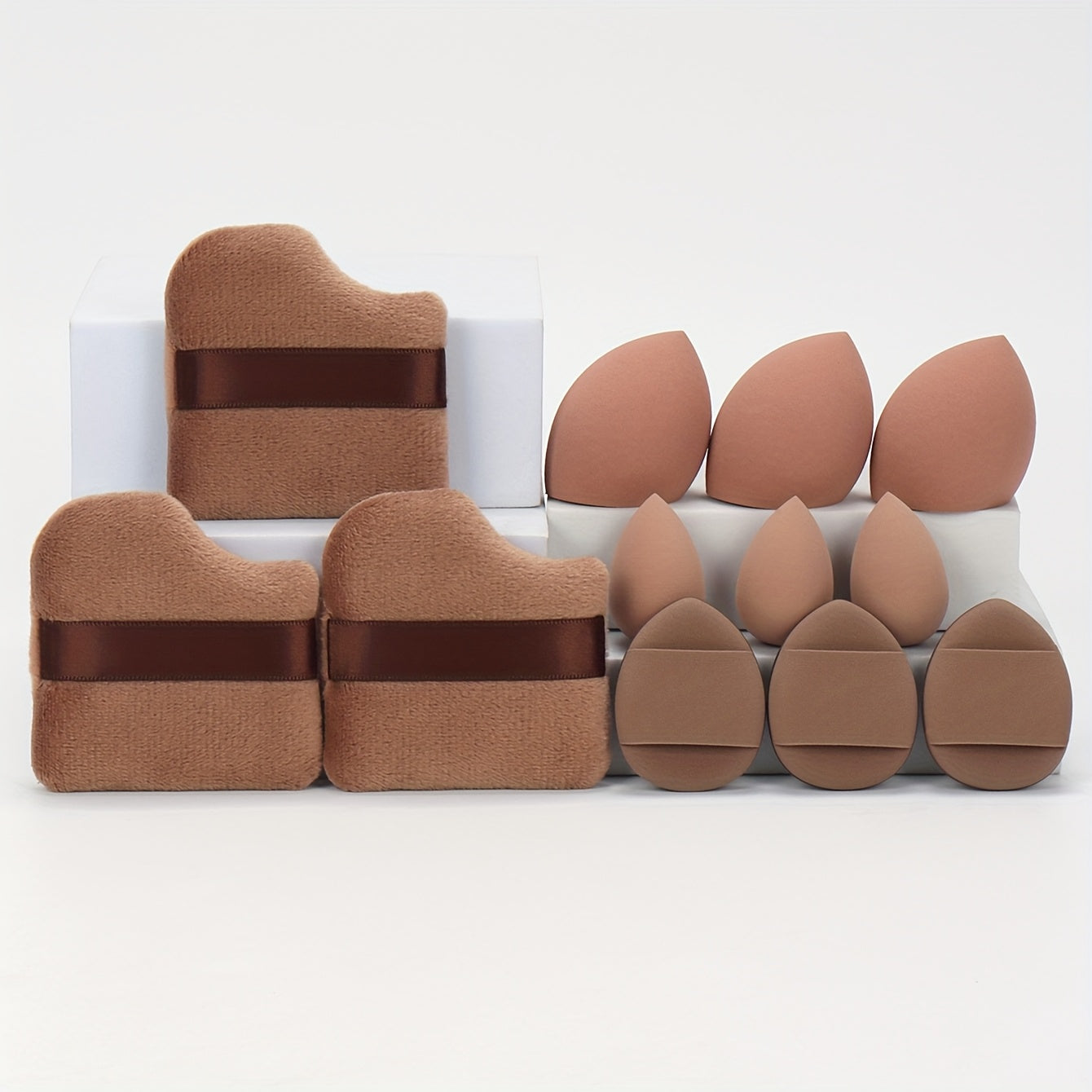 12-piece makeup sponge set includes foundation blending beauty sponge suitable for liquid, cream, and powder makeup, made of super soft velvet with shaping, eye, and corner design. Set also