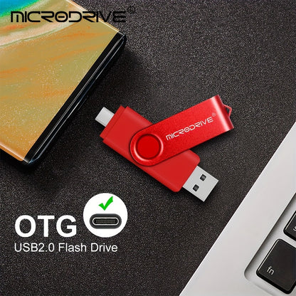 MiCRODRIVE USB 2.0 Pen Drive in 4GB, 8GB, 16GB, 32GB, 64GB, and 128GB capacities, with a 360 rotating metal design and Type-C compatibility for Android devices. Available in black, blue