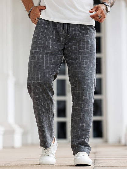 Men's Comfortable Plaid Sleep Pants with Drawstring, Machine Washable Polyester, Black & White Grid Pattern