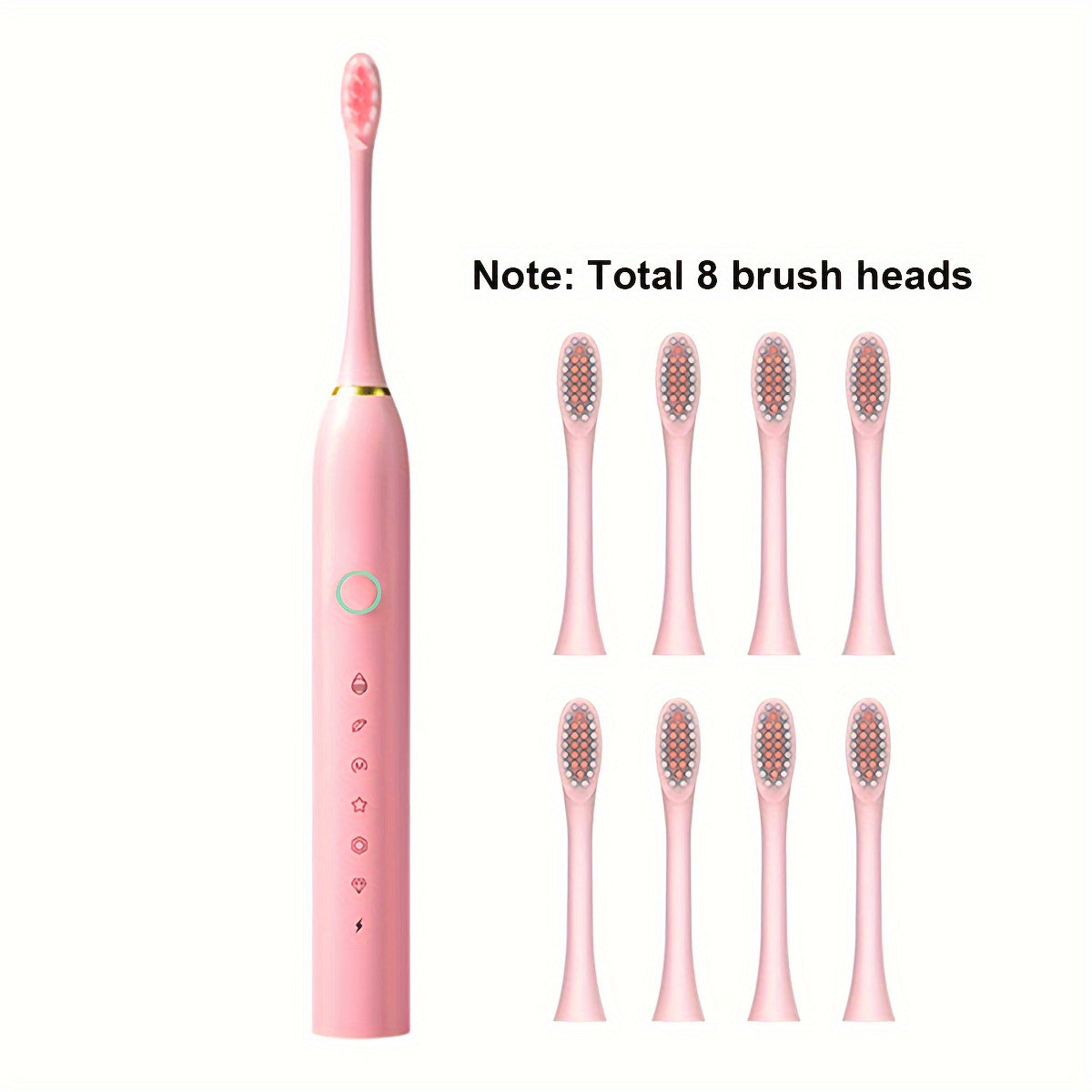 Rechargeable USB electric toothbrush with 6-speed vibration and 28000 VPM power, includes 4 or 8 special soft brush heads for adults.