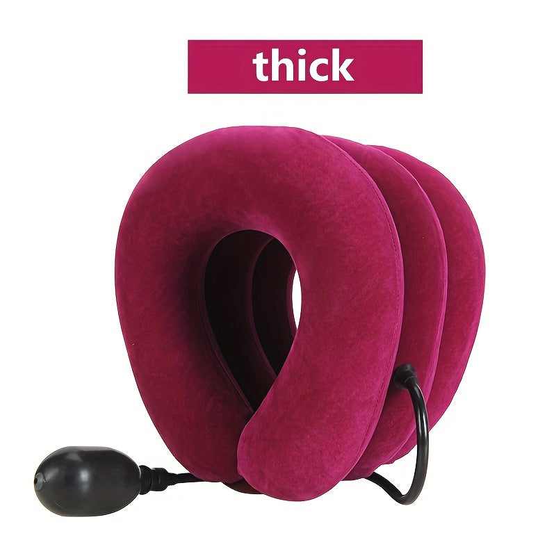 Thick/thin inflatable neck pillow for travel and relaxation with stretch and traction capabilities.