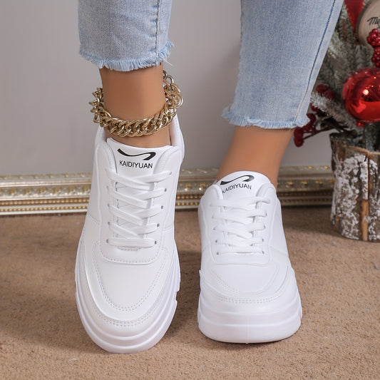 Women's platform skate shoes with round toe and lace-up design in white, suitable for plus size