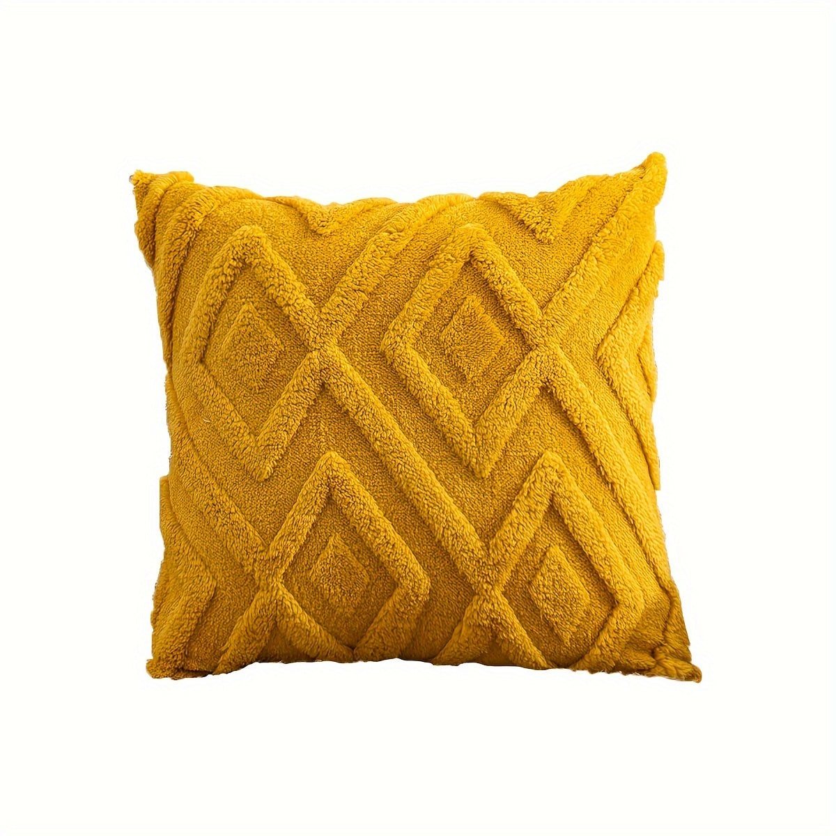 1 Bohemian Style Shaggy Chenille Throw Pillow Cover, Decorative Large Diamond Pattern Cushion Cover for Sofa Couch Home Decor - Mustard Yellow, 50.04x50.04 Cm