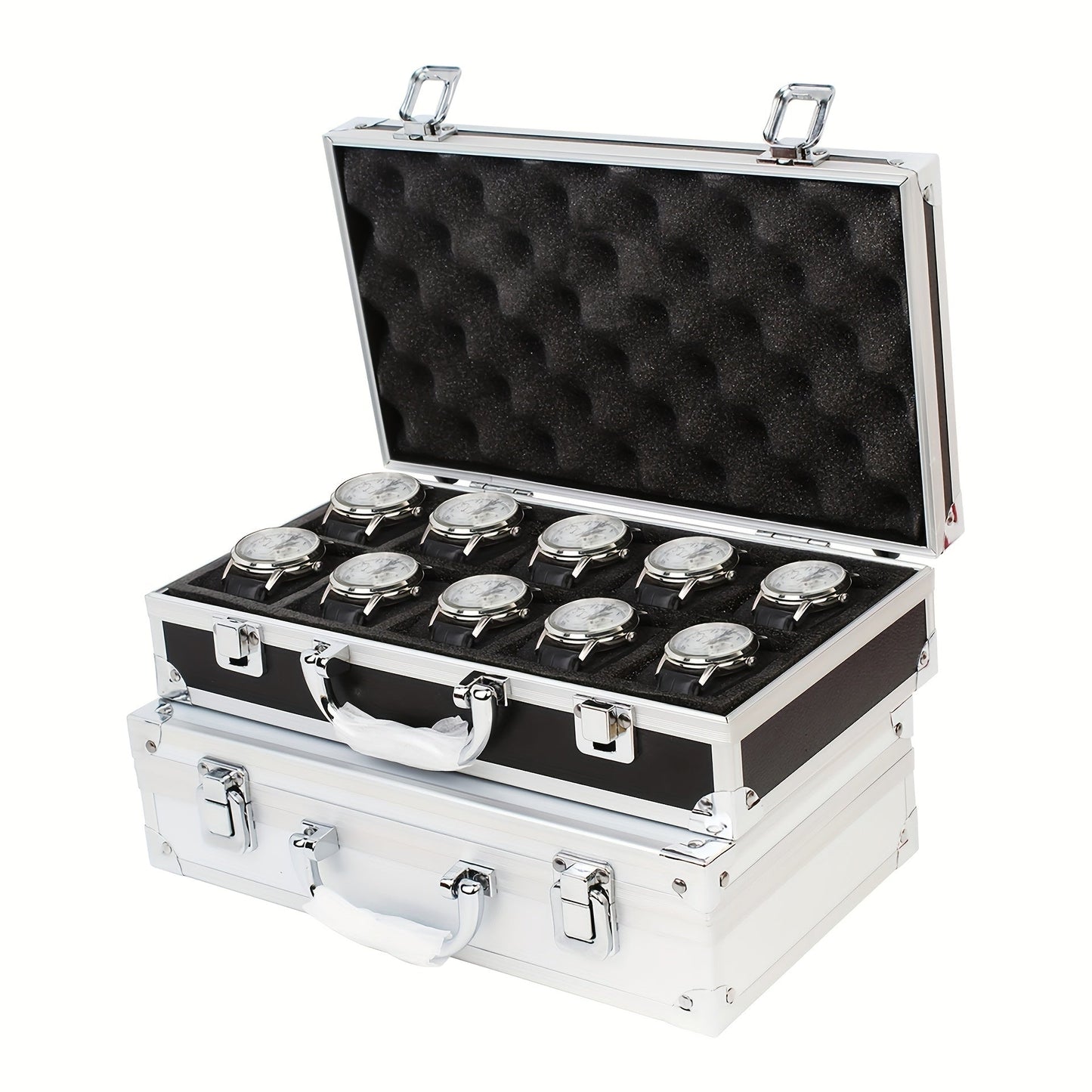 One piece of an aluminum alloy watch storage box with 18 slots, designed for men watch collectors. This portable clock display box can also be used as a gift box.