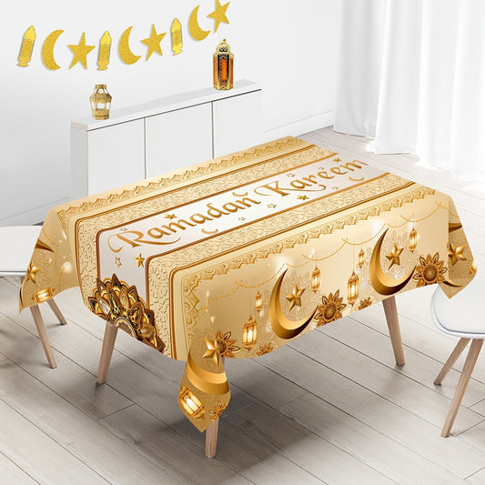 1pc Golden Polyester Ramadan Tablecloth featuring Moon Lantern & Floral Design, perfect for home kitchen dining decor during Eid celebrations.