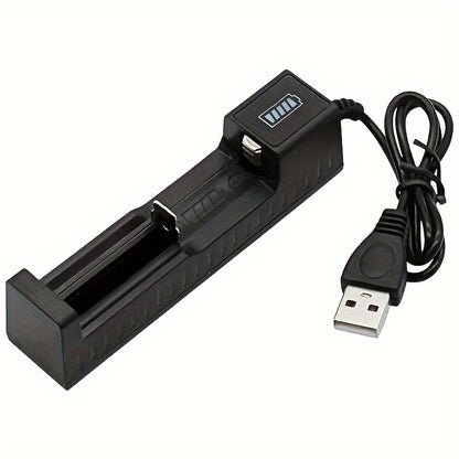 USB powered dual 18650 battery charger for 4.2V rechargeable lithium batteries, with 1/2 slot and portability.