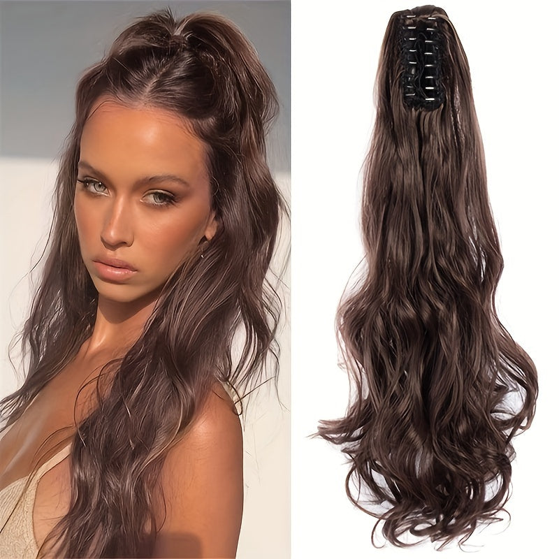 Stylish synthetic ponytail extension with long, curly waves and chic claw clip for women.