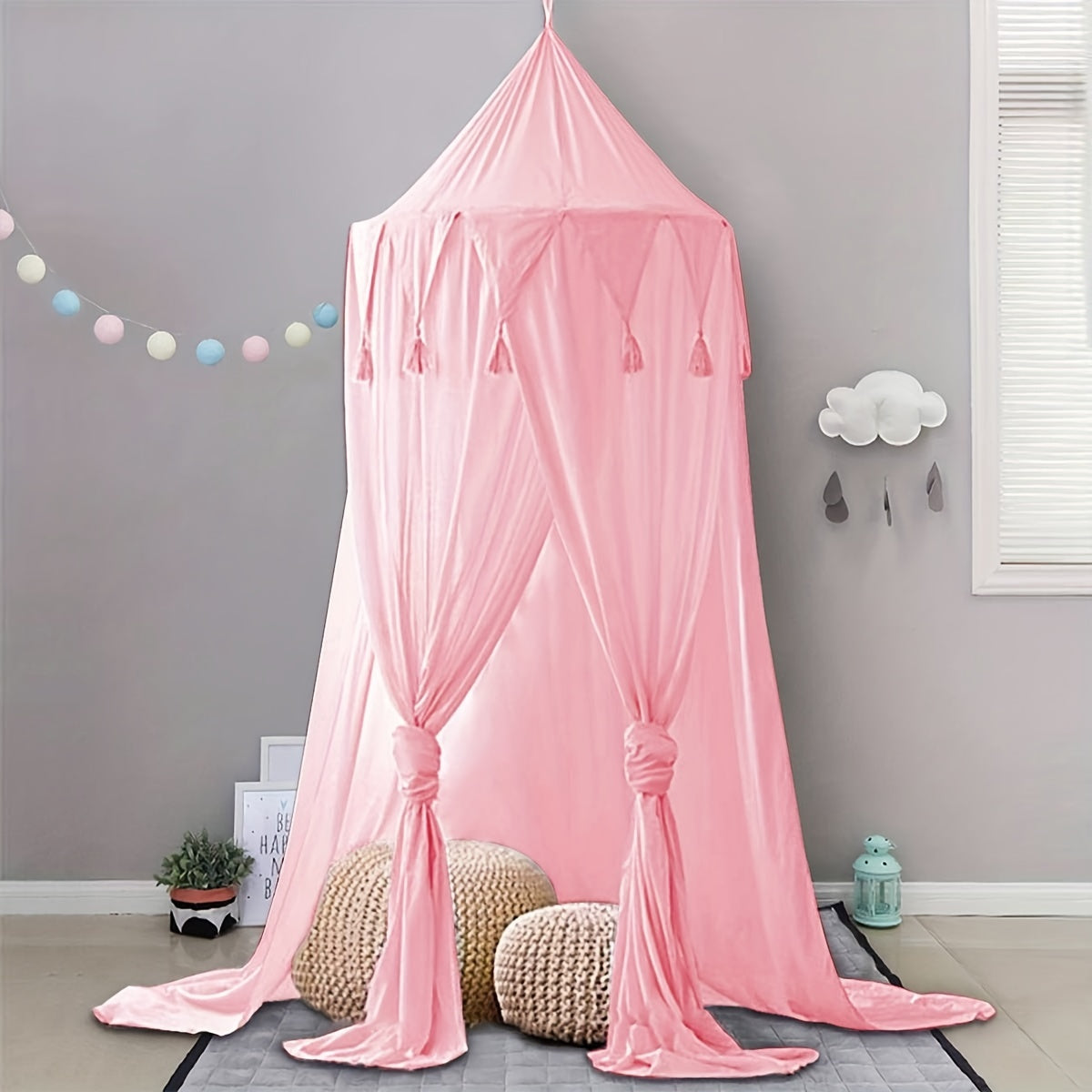 Bed canopy play tent for kids, perfect for playing and reading, with round dome netting curtains.