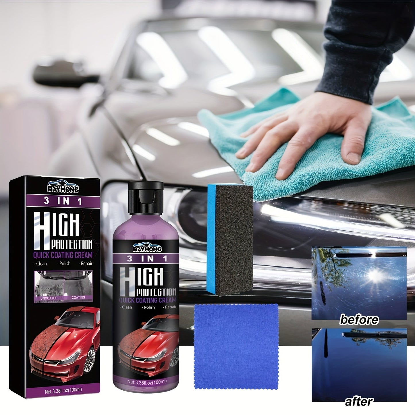 Revitalize Your Vehicle with 3-in-1 Car Scratch Repair & Shine - Revive, Shield & Enhance Your Car's Appearance - Perfect for Scratch Repair, Polishing & Maintenance - Formulated with Citric Acid for Added Benefits