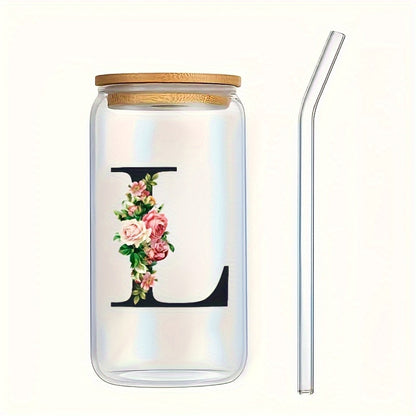 Alphabet flowers drinking glass with bamboo lid and straw, ideal birthday gift for women, friends, girls. 16 oz coffee glass, perfect for moms.