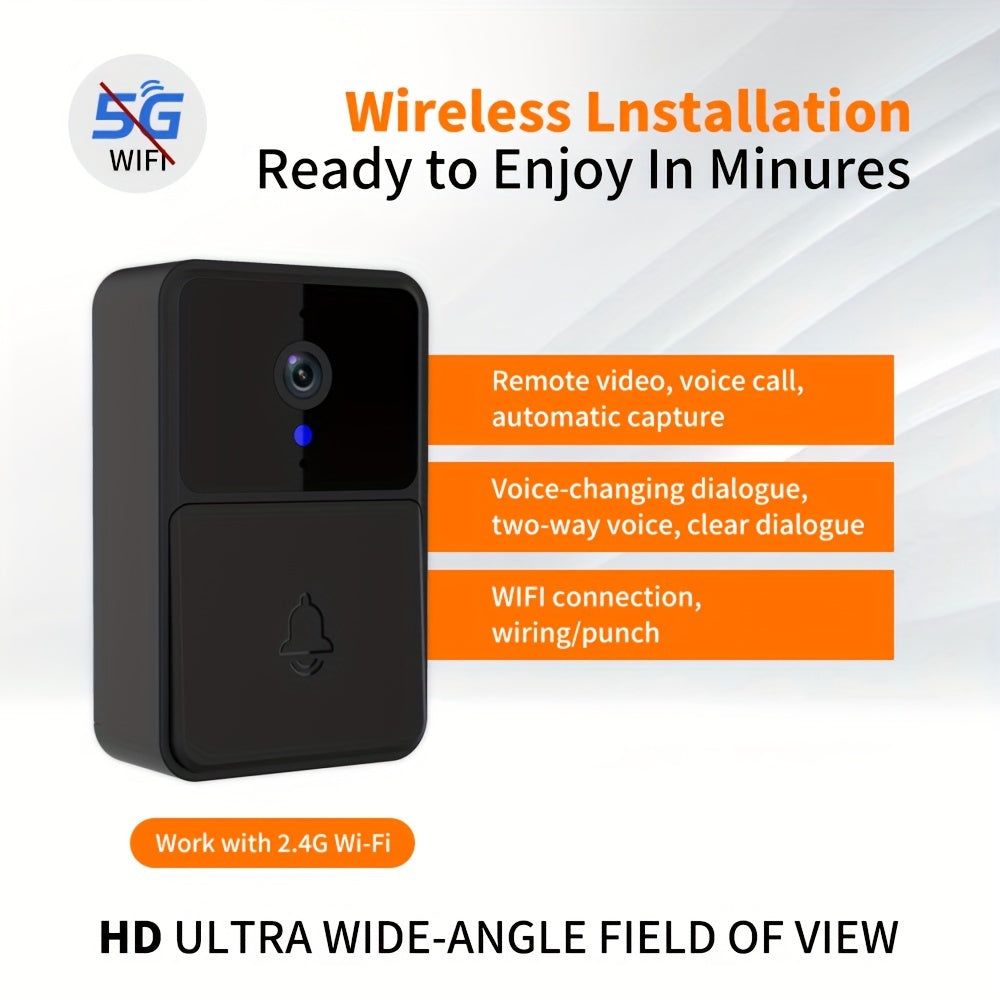 Smart WiFi doorbell with HD camera, two-way audio, night vision, motion detection, and black finish.