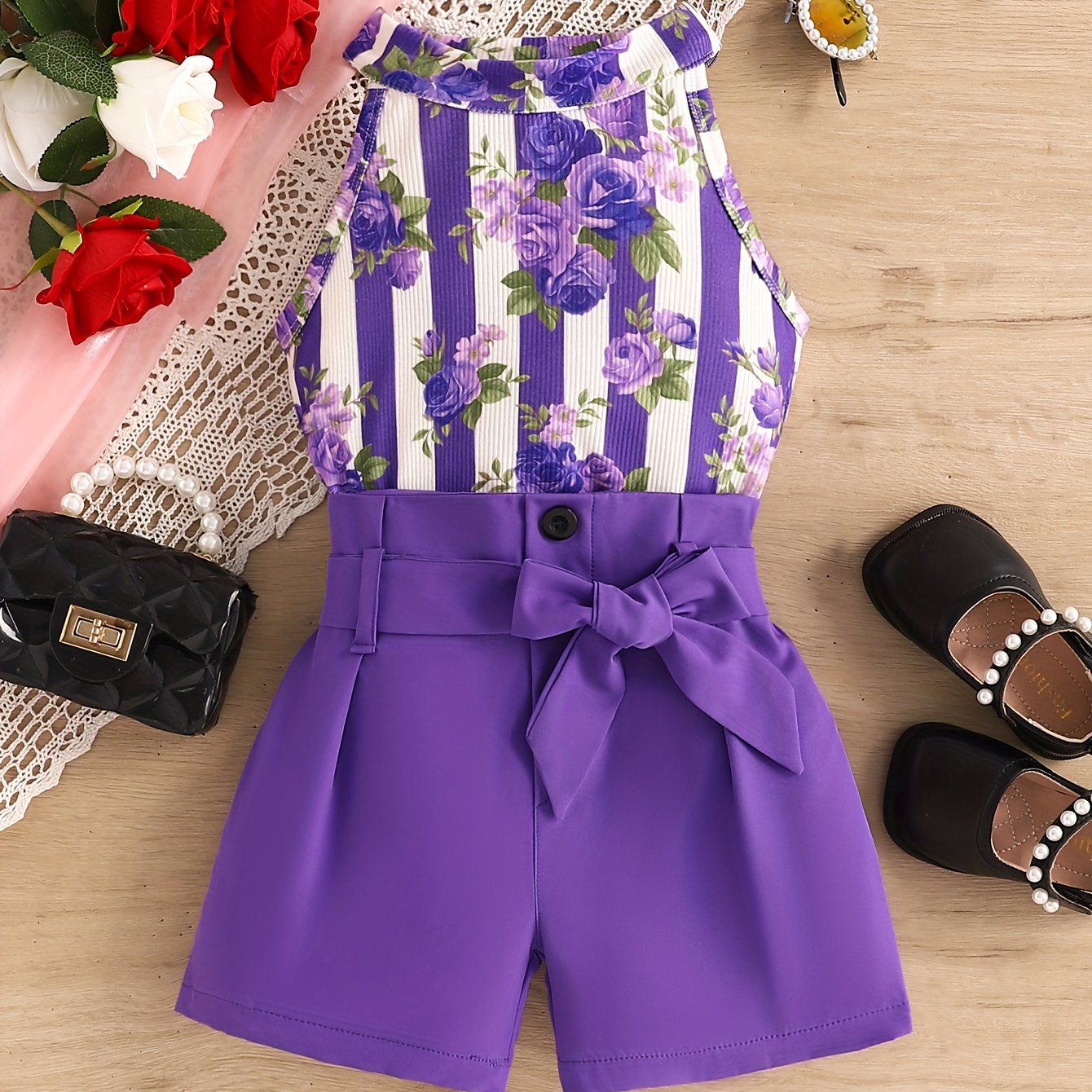 Girls' outfit with red rose print, halter neck stripe top, belt shorts set for summer holidays and outdoor activities.