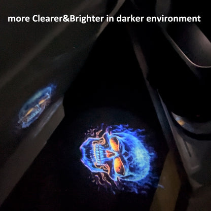 2 LED car door logo projector lights with fluorescent tire valve caps and courtesy step lights for interior. Universal fit accessory for cars with projection lighting.