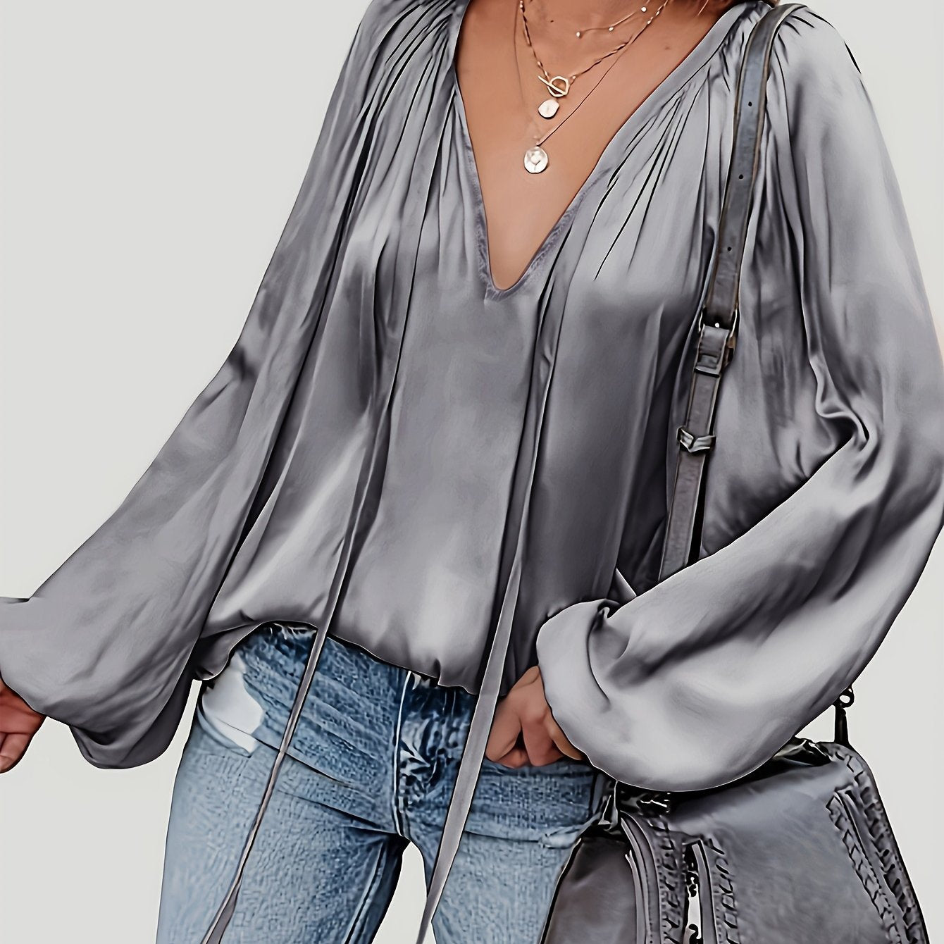 V-Neck Polyester Blouse with Tie Neck Detail - Draped Lantern Sleeves, Ruched Design, Loose Fit Casual Top for Women - Versatile All-Season Shirting