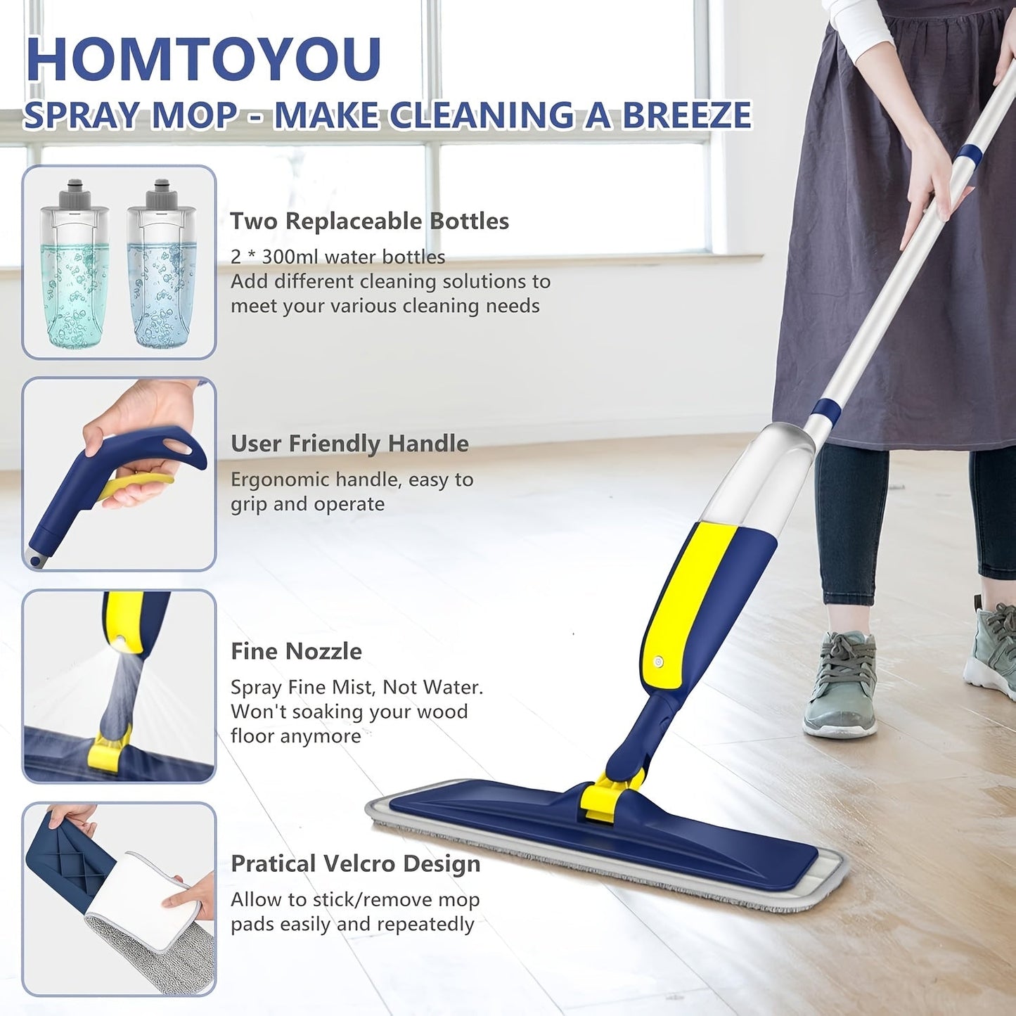 Get a complete 1set Microfiber Mop Set including 2 Refillable Water Bottles and 4 Washable Pads. The mop features a 360° Rotatable Metal Handle for easy cleaning in Home, Living Room, Bedroom, or Outdoor floors without the need for electricity.