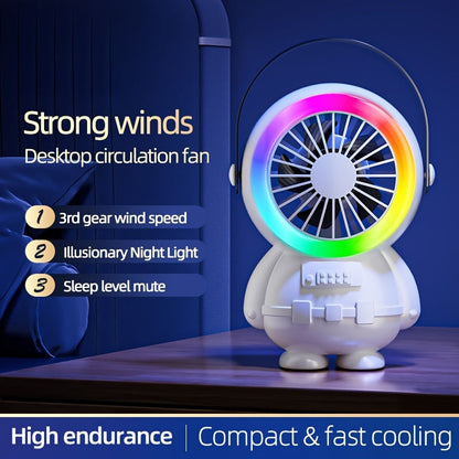 A fashionable astronaut-themed USB fan that is rechargeable and portable, featuring three adjustable speed settings. Perfect for both indoor and outdoor use.