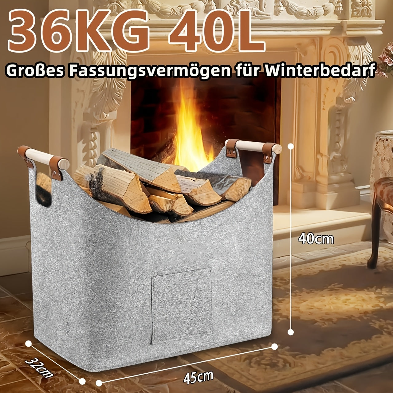 Durable PET material Large Grey Firewood Basket with Handles, Extra Thick Felt Wood Storage, Wall-Mounted Firewood Holder for Fireplace, 36kg/46L Capacity, Dimensions 45x40x32cm