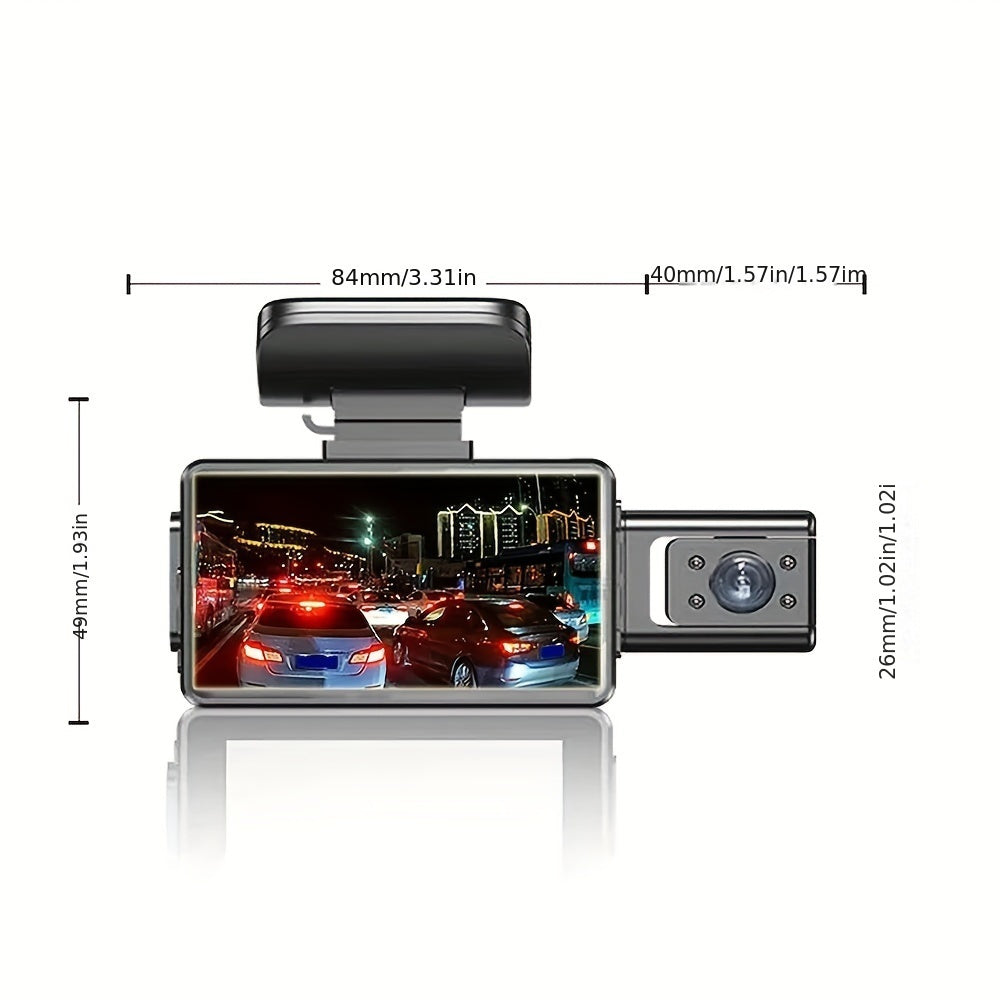 Car dash cam with dual lens recording, 360-degree rotation, and parking surveillance