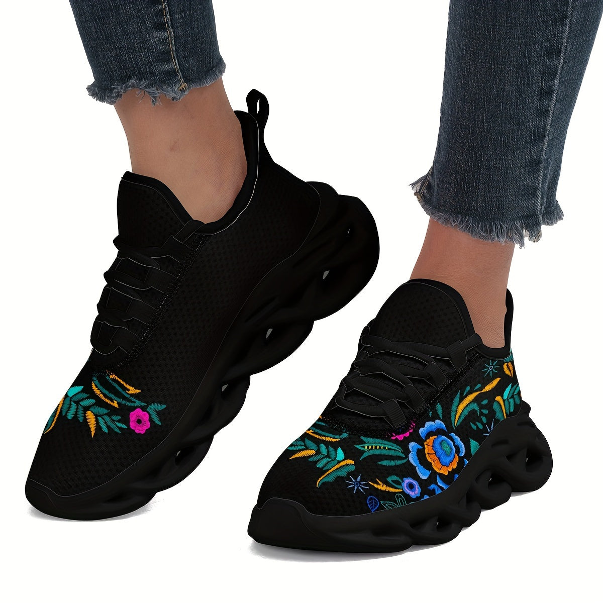 Breathable mesh sneakers with floral print for women featuring a height-boosting, lightweight design and non-slip sole. Includes bow detail and slip-on style, suitable for all seasons.