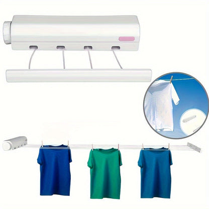 This retractable clothesline is perfect for saving space and can be mounted on the wall with four lines for hanging laundry. The automatic invisible design is made of durable plastic and measures 28cm in length and 50mm in thickness. Suitable for both