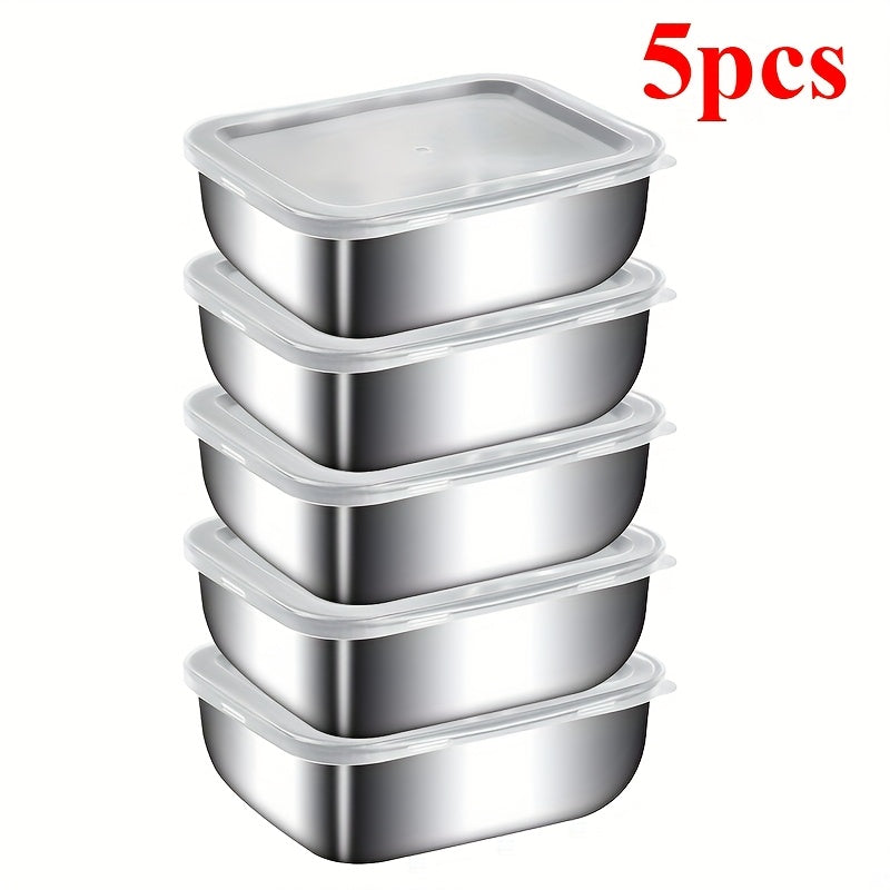 A set of 5 stainless steel food containers with lids, perfect for picnics, meal prep, fridge organization, and kitchen essentials, safe for food contact and does not require electricity.