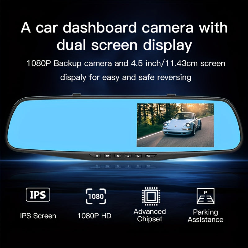 1080P HD Car Dashboard Camera with Night Vision, Dual-Screen, Front & Rear recording, 64GB memory, easy stick-on mount, PC compatible, for all vehicles.