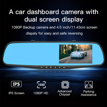 1080P HD Car Dashboard Camera with Night Vision, Dual-Screen, Front & Rear recording, 64GB memory, easy stick-on mount, PC compatible, for all vehicles.