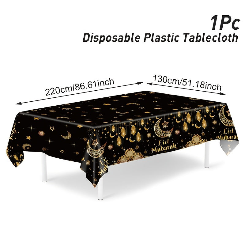 1pc Eid Mubarak tablecloth with black golden moon star lantern design, made of plastic PE, measuring 130x220cm. Perfect for Ramadan, Eid Al-Fitr, Islamic Muslim party decor, and Eid Al Adha