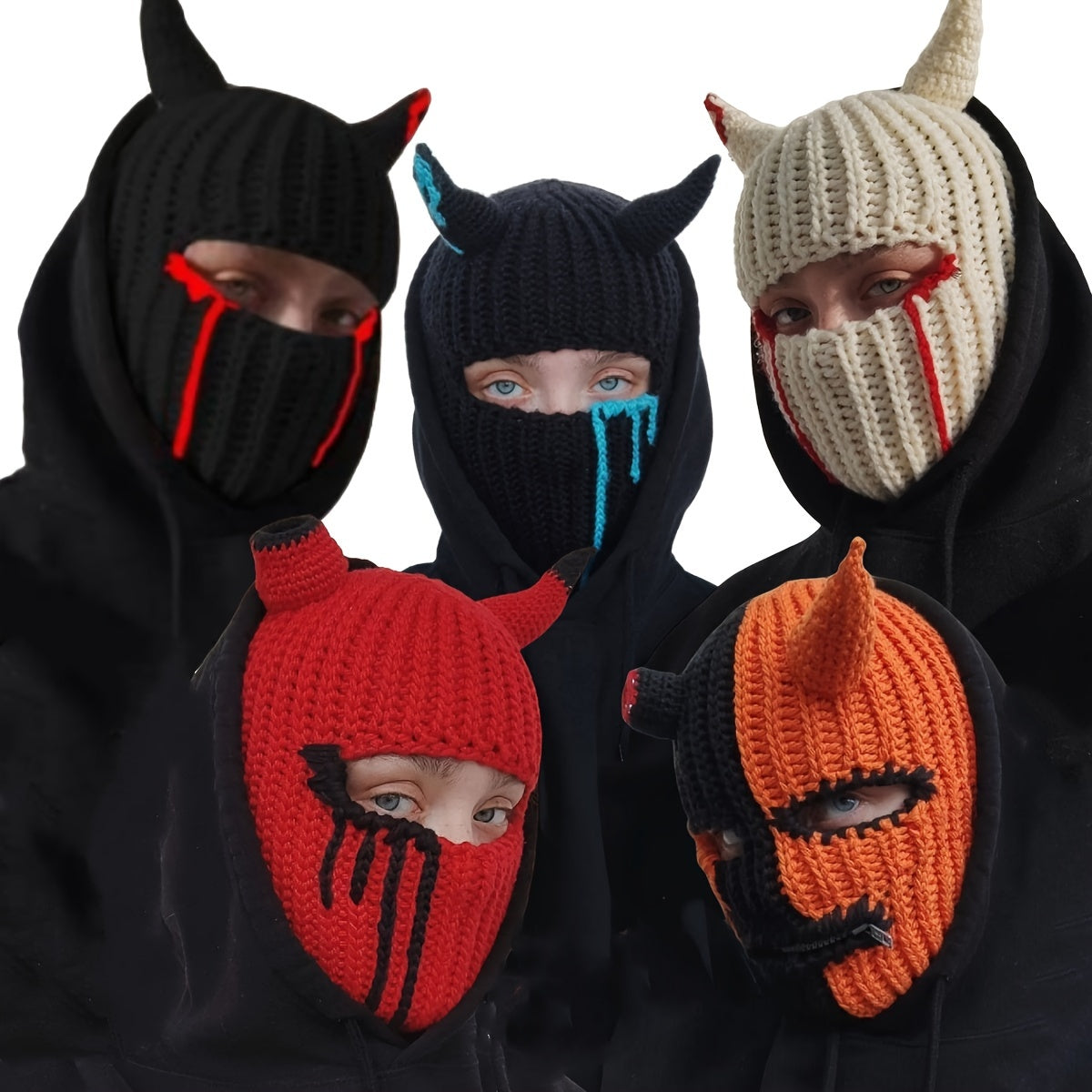 Stylish Striped Knit Balaclava with Blood Stains & Horns - Stretchy, Cozy Headwear for Halloween & Costume Parties, Perfect for Fall and Winter Seasons.