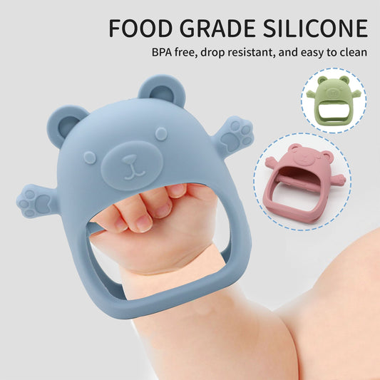 Children's Teether Gloves featuring an Adorable Bear Silicone Teether for Fall Prevention. This Teething Toy is Gentle to the touch and Suitable for Sucking. Perfect as a New Year's Gift!