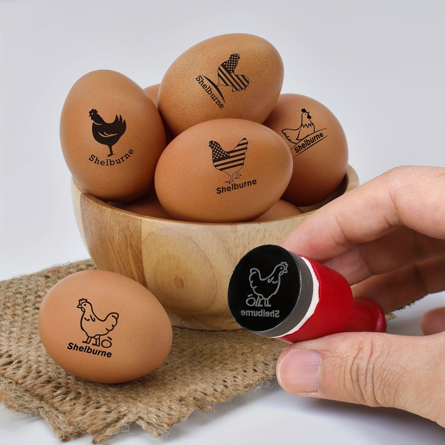 Customizable round hard rubber egg stamp for fresh eggs, personalized farm fresh stamp for chicken and duck eggs, durable kitchen gadget.