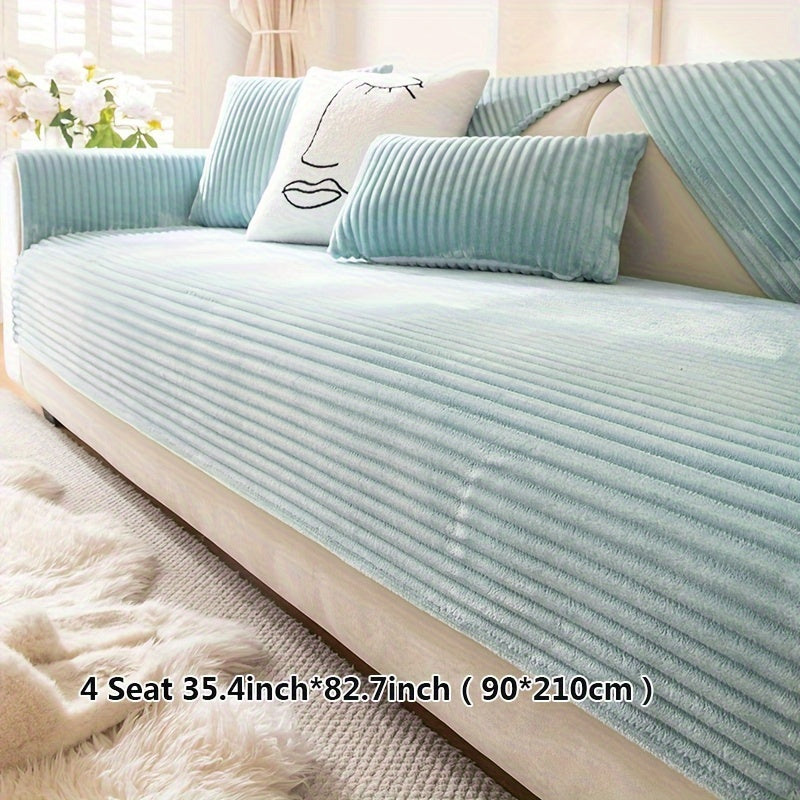 Thick plush sofa cover with stripes for winter, non-slip and anti-dirty. Modern style for home protection and decoration.