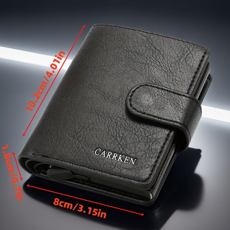 CARRKEN Men's Compact Wallet: Stylish faux leather bifold with automatic pop-up credit card holder, holds 9-10 cards, ideal gift for men.