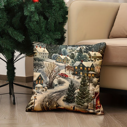 Christmas Eve snow scene linen throw pillow cover, 44.96cm x 44.96cm, zippered and machine washable for sofa, living room, and bedroom decor.