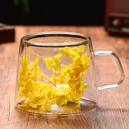 7oz Double-Walled Glass Mug with Real Flowers - Ideal for Tea, Milk, Coffee | Anti-Scald Handle | Perfect Gift for Friends & Colleagues