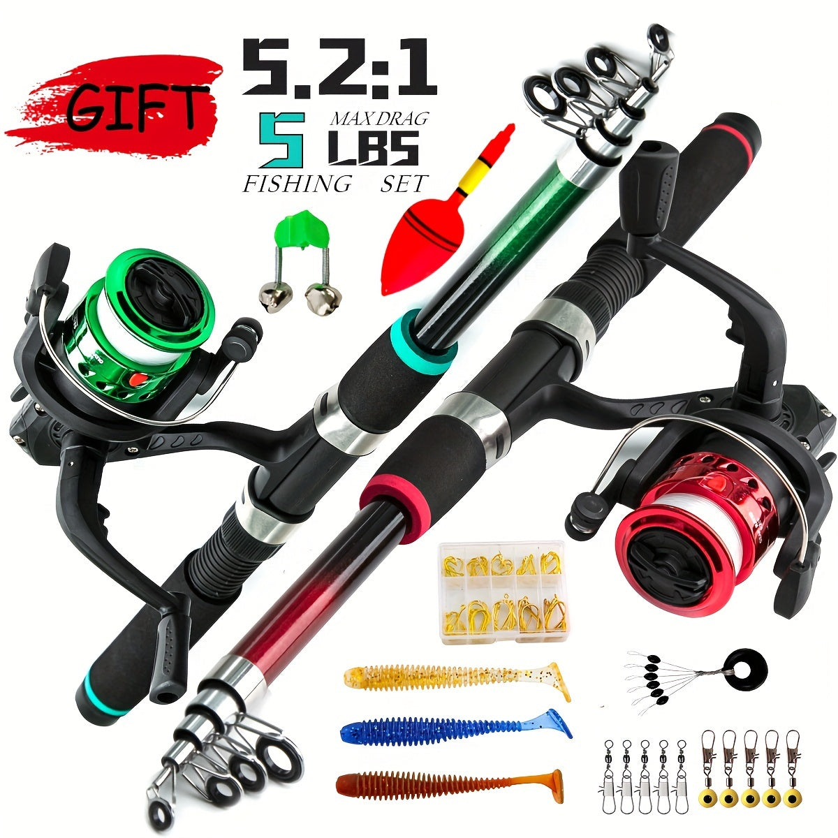 Travel-friendly telescopic fishing rod set with feeder, made of durable FRP, includes carp spinning pole, reel, baits, and hooks.