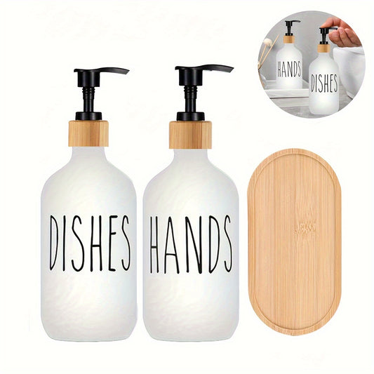 Soap dispenser set with tray, lotion bottle for bathroom with pump, refillable bottle for shampoo and shower gel, bathroom accessories for home decor.