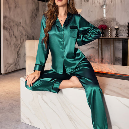 Solid Satin Pajama Set for fall/winter, featuring a long sleeve button-up top with lapel collar and elastic pants. Perfect for women's sleepwear and loungewear.