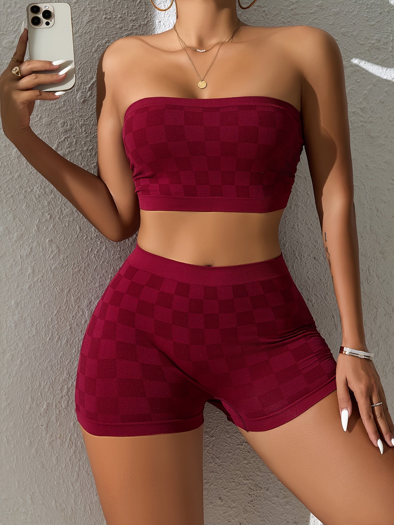 Casual plaid lingerie set includes strapless top and matching boyshorts.