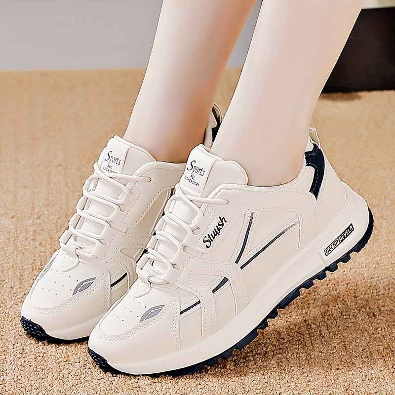 Women's Casual Athletic Sneakers in White with Black Accents - Lightweight, All-Season, Low-Top Lace-Up Shoes with Faux Leather & Mesh Interior, Comfortable PU Sole, Hand Washable